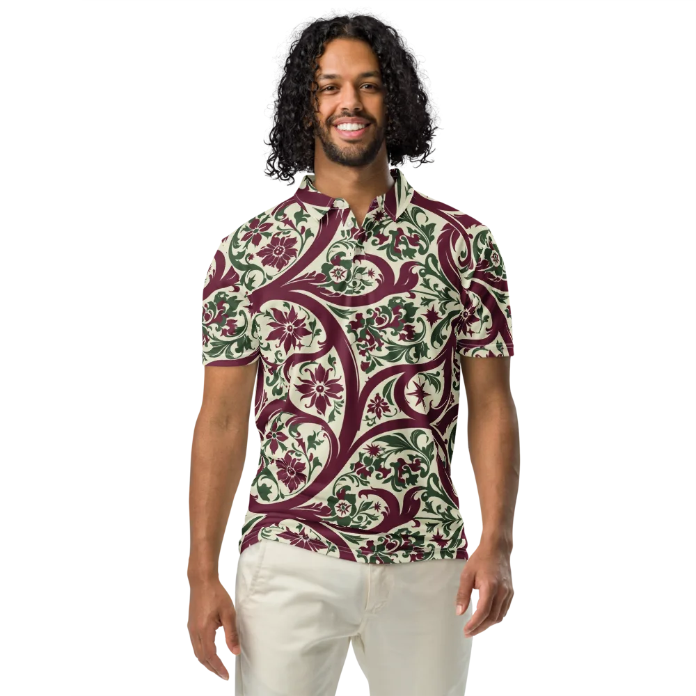 Burgundy Paisley Garden on Men's Slim Fit Polo Shirt — Front
