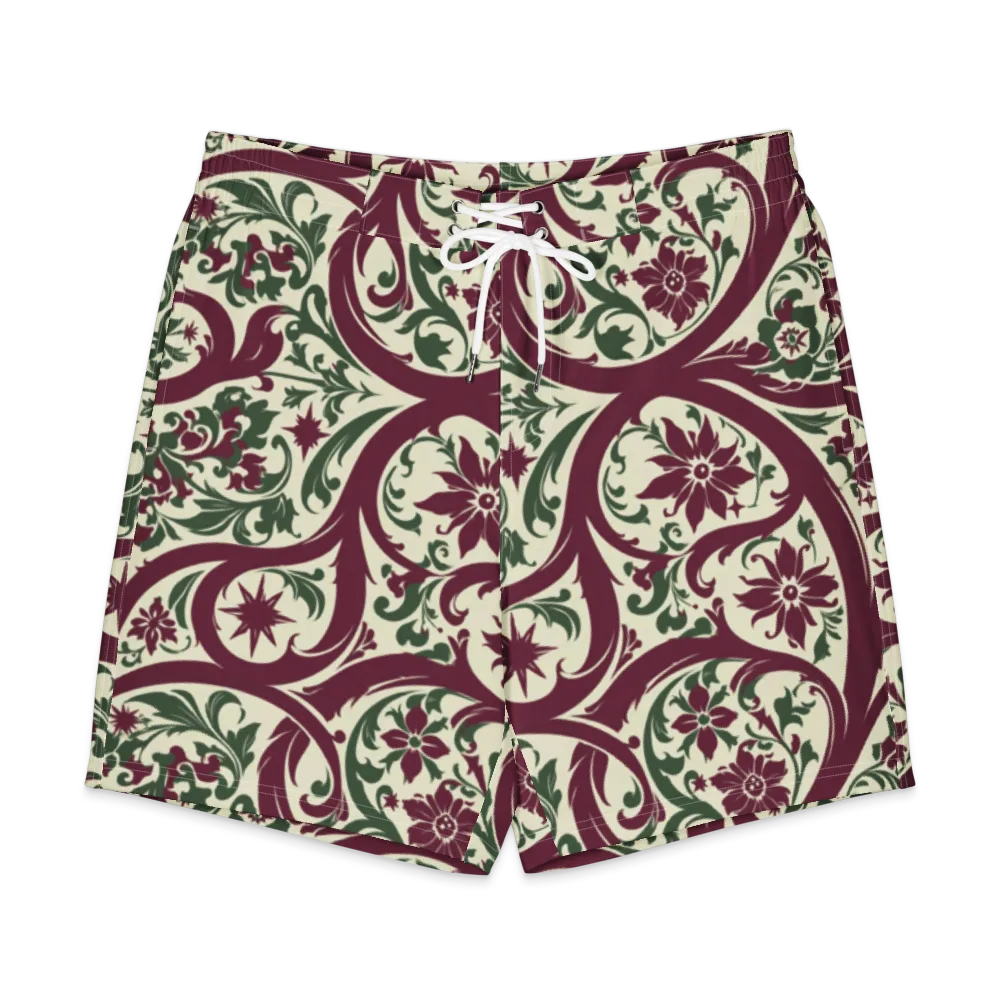 Burgundy Paisley Garden on Men's Board Shorts — Front