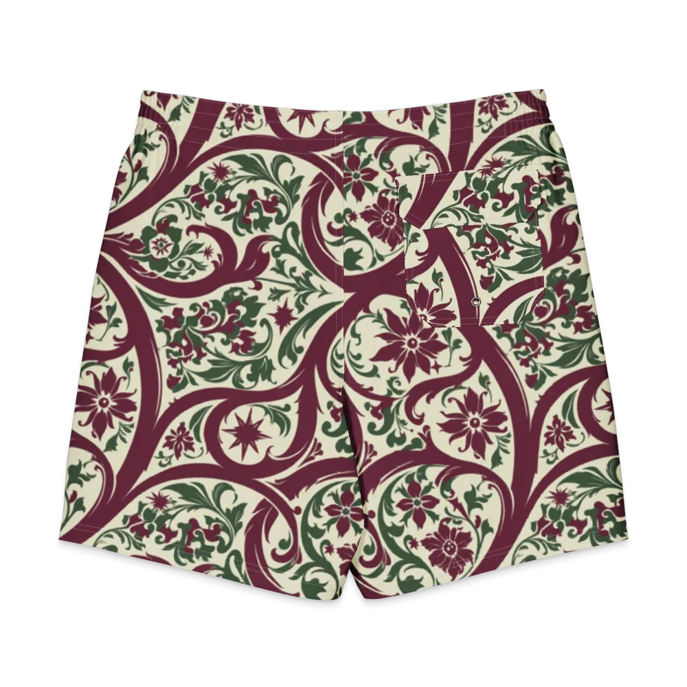 Burgundy Paisley Garden on Men's Board Shorts — Back