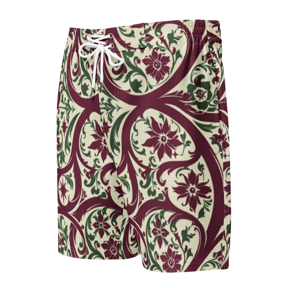 Burgundy Paisley Garden on Men's Board Shorts — Front