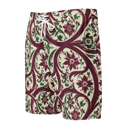 Burgundy Paisley Garden on a Men's Board Shorts