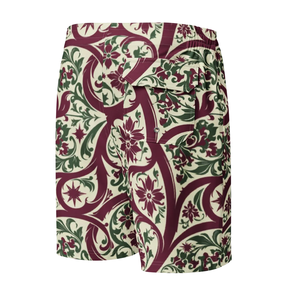 Burgundy Paisley Garden on Men's Board Shorts — Back