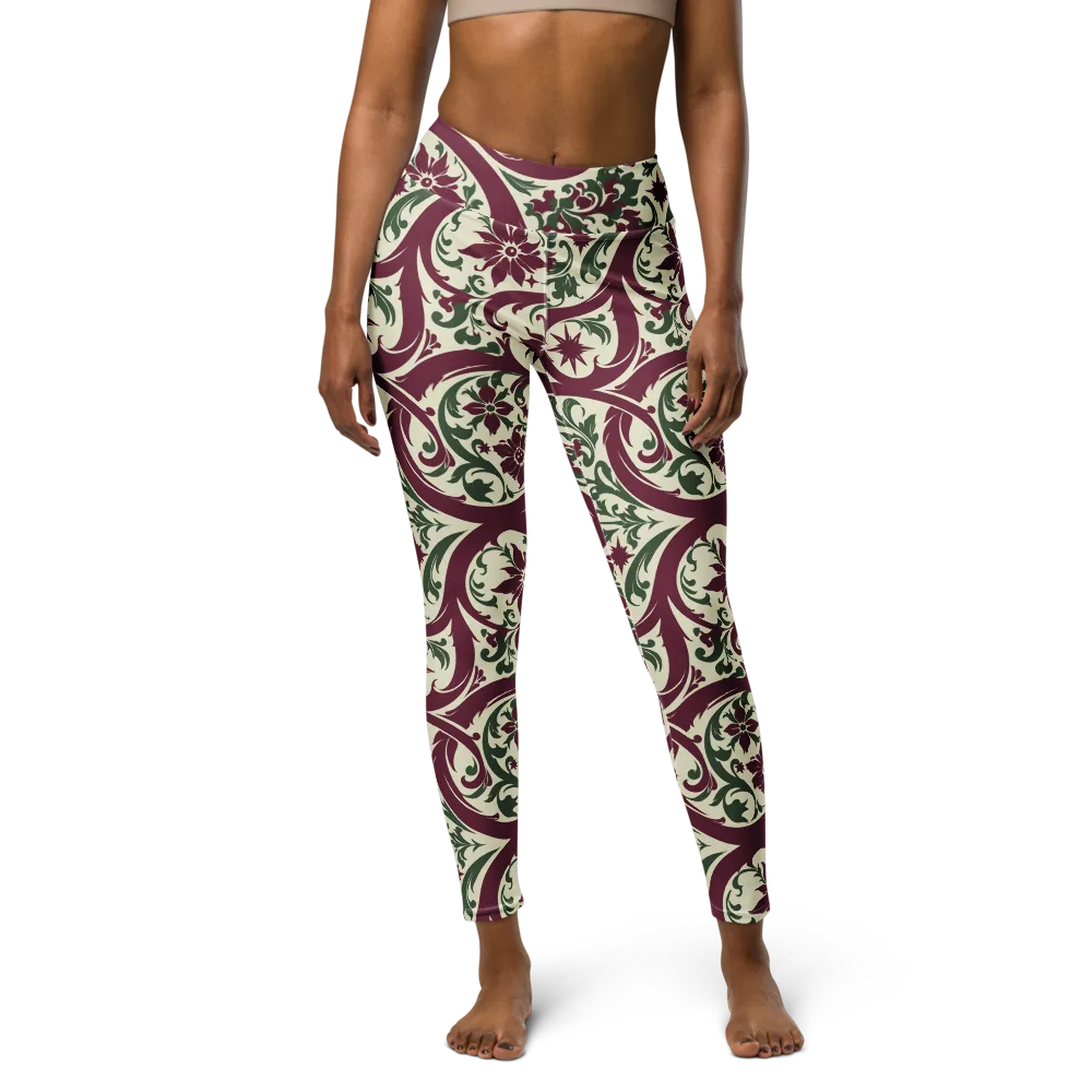 Burgundy Paisley Garden on Yoga Leggings — Front