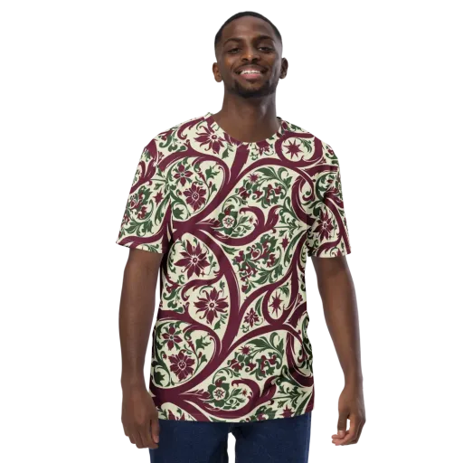 Burgundy Paisley Garden on a Men's Crew Neck T-Shirt