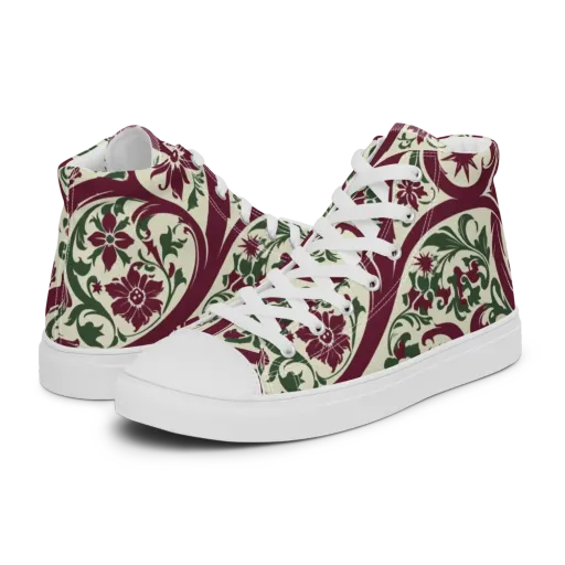 Burgundy Paisley Garden on a Men's High Top Canvas Shoes