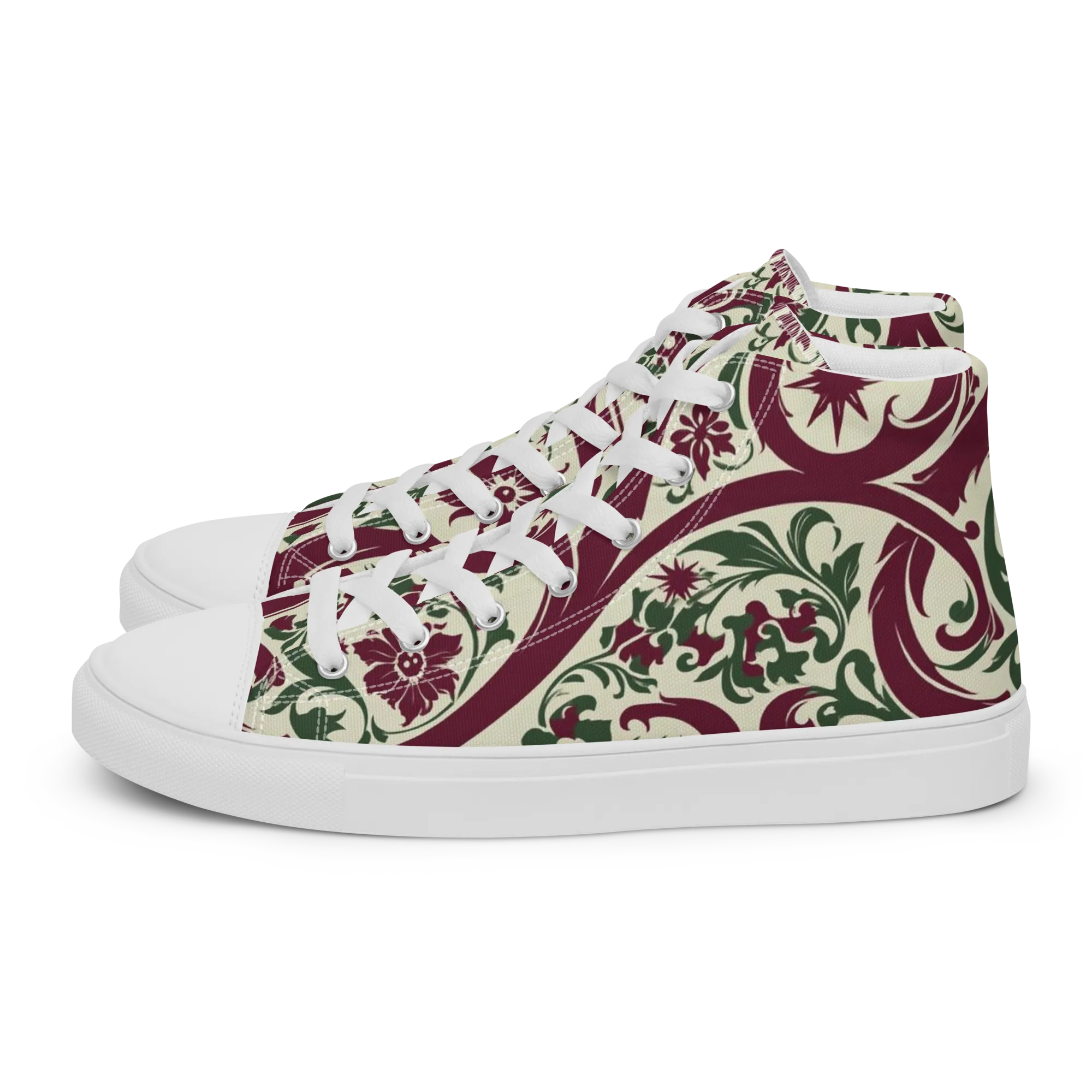 Burgundy Paisley Garden on Women's High Top Canvas Shoes — Left