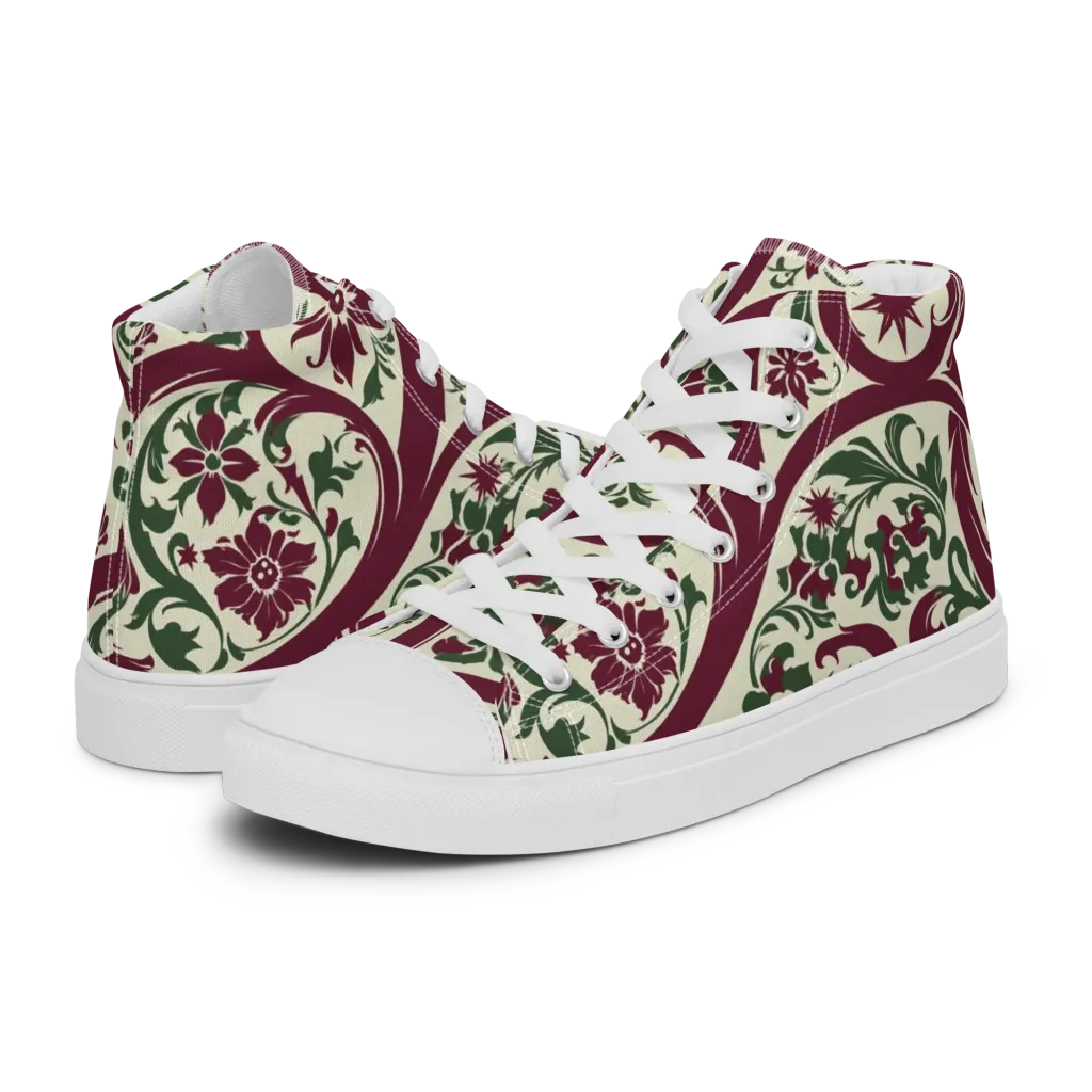 Burgundy Paisley Garden on Women's High Top Canvas Shoes — Left