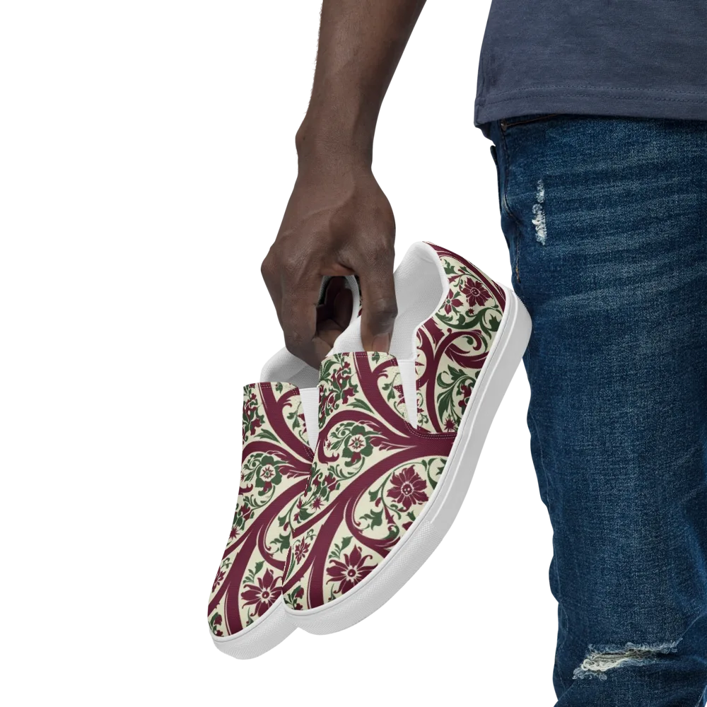 Burgundy Paisley Garden on Men's Slip-On Canvas Shoes — Left Front