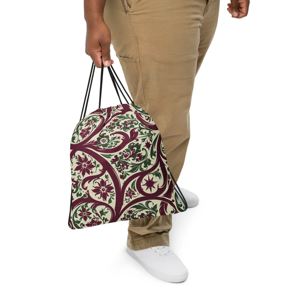 Burgundy Paisley Garden on Drawstring Bag — Front