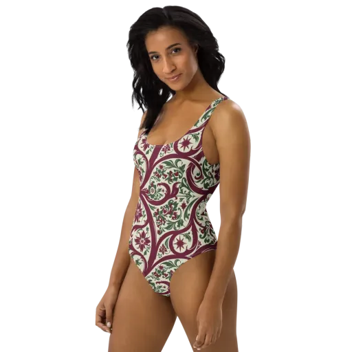 Burgundy Paisley Garden on a One-Piece Swimsuit