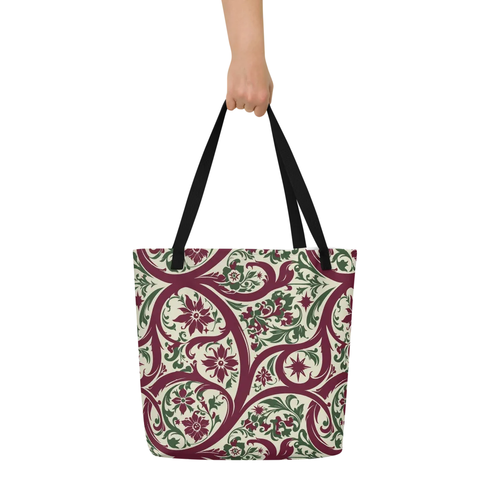 Burgundy Paisley Garden on Large Tote Bag W/ Pocket — Front