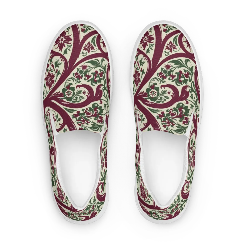 Burgundy Paisley Garden on Women's Slip-On Canvas Shoes — Front
