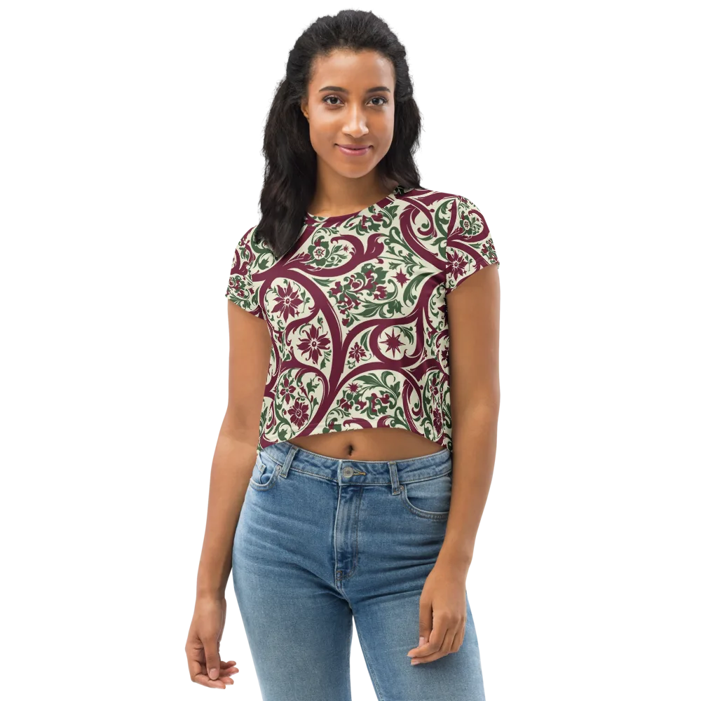 Burgundy Paisley Garden on Crop Tee — Front