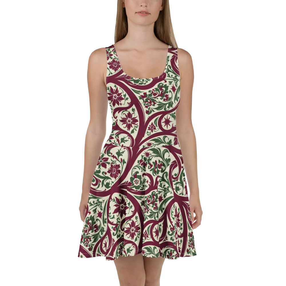 Burgundy Paisley Garden on Skater Dress — Front
