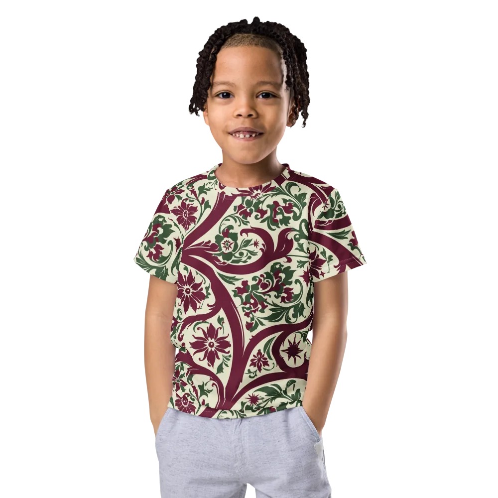 Burgundy Paisley Garden on Kids Crew Neck T-Shirt — Front
