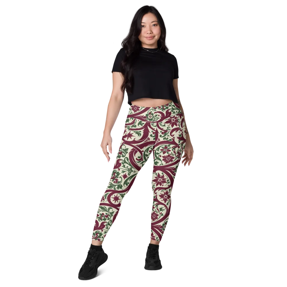 Burgundy Paisley Garden on Leggings with Pockets — Front