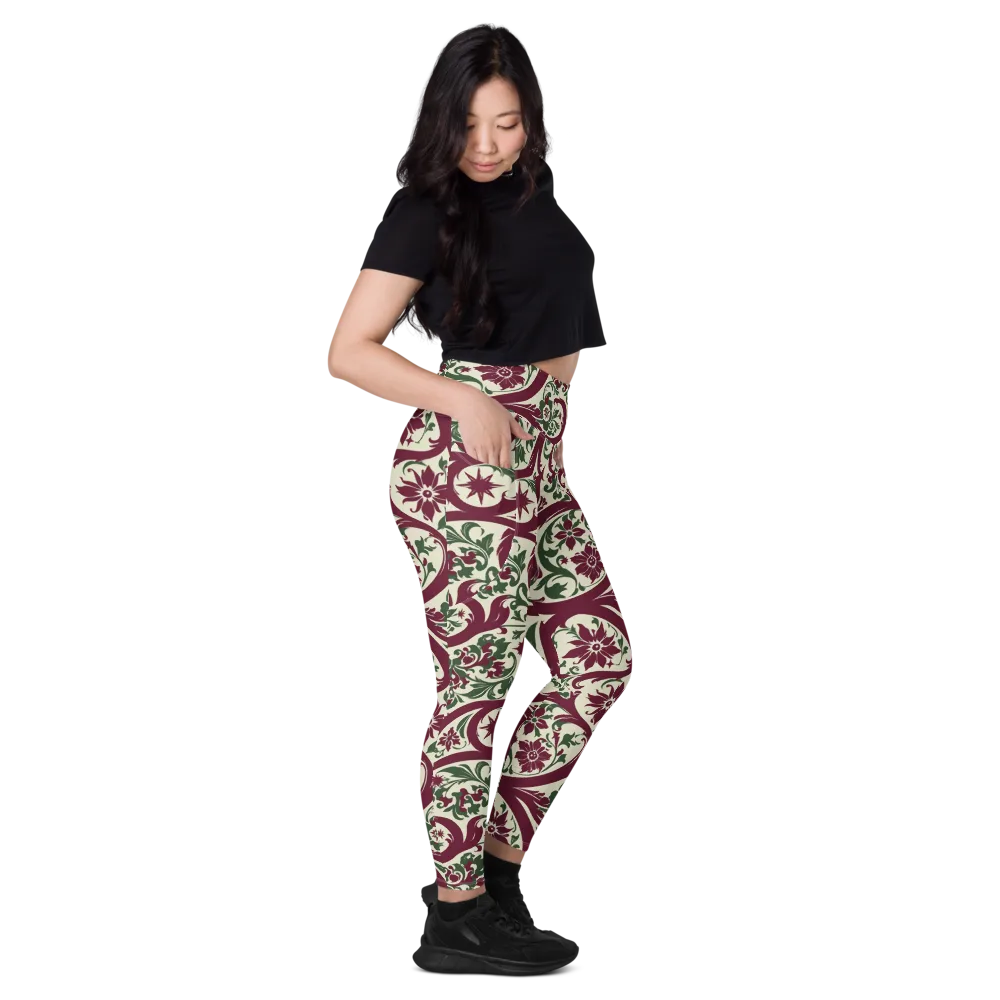 Burgundy Paisley Garden on Leggings with Pockets — Right