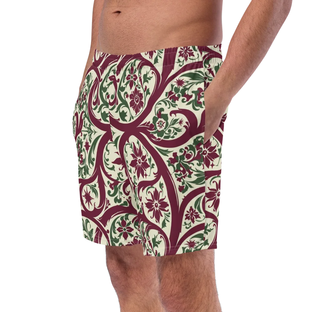 Burgundy Paisley Garden on Swim Trunks — Left Front
