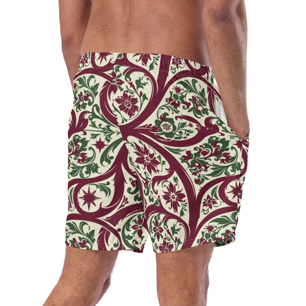 Burgundy Paisley Garden on Swim Trunks — Right Back