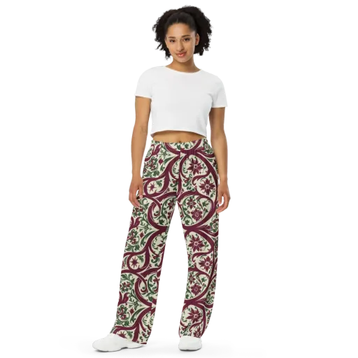 Burgundy Paisley Garden on a Wide-Leg Pants