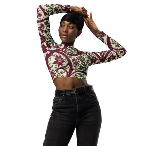 Burgundy Paisley Garden on a Long Sleeve Crop Top