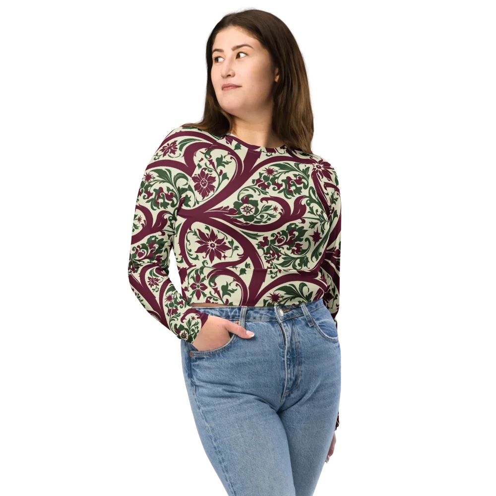 Burgundy Paisley Garden on Long Sleeve Crop Top — Front
