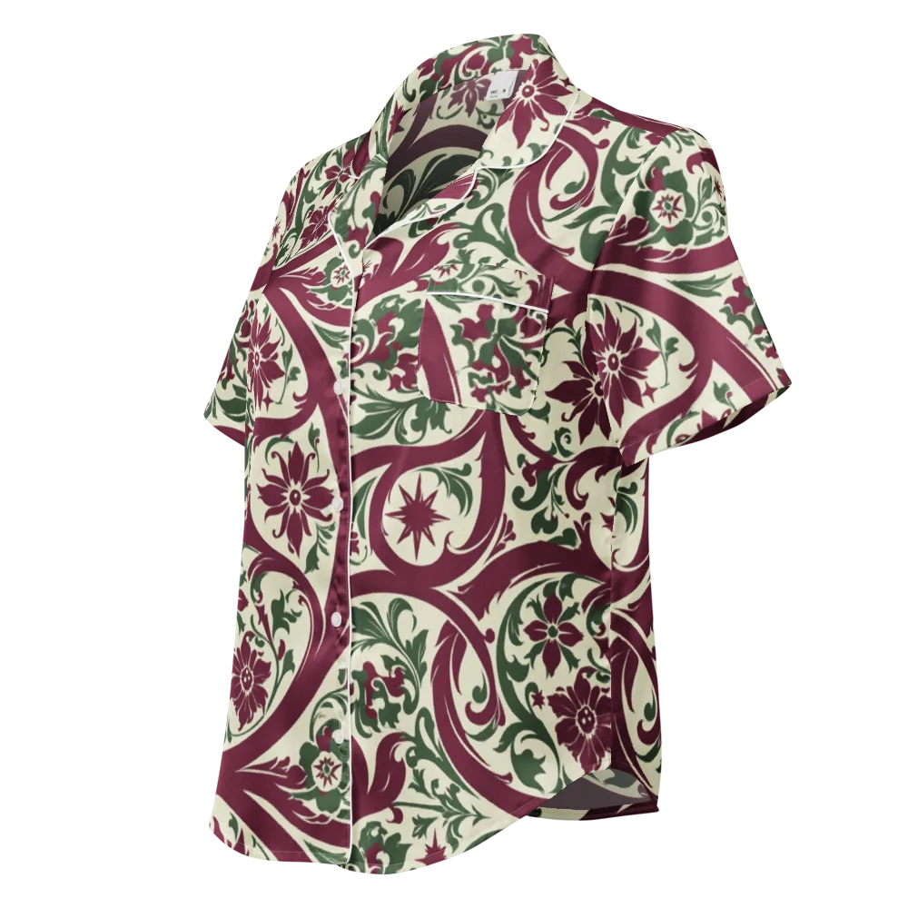 Burgundy Paisley Garden on Women's Short Sleeve Pajama Top — Left Front