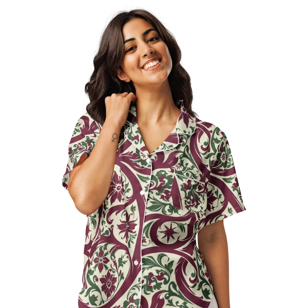 Burgundy Paisley Garden on Women's Short Sleeve Pajama Top — Front