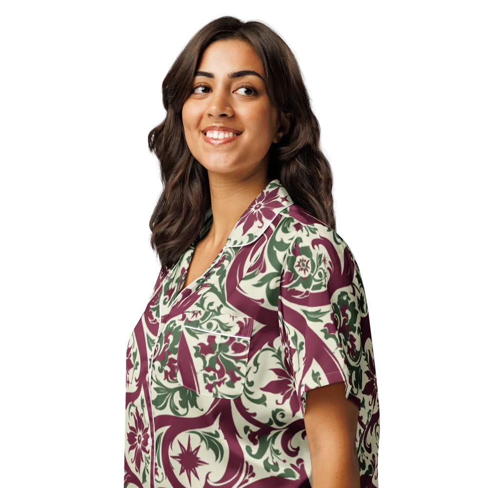 Burgundy Paisley Garden on Women's Short Sleeve Pajama Top — Left Front