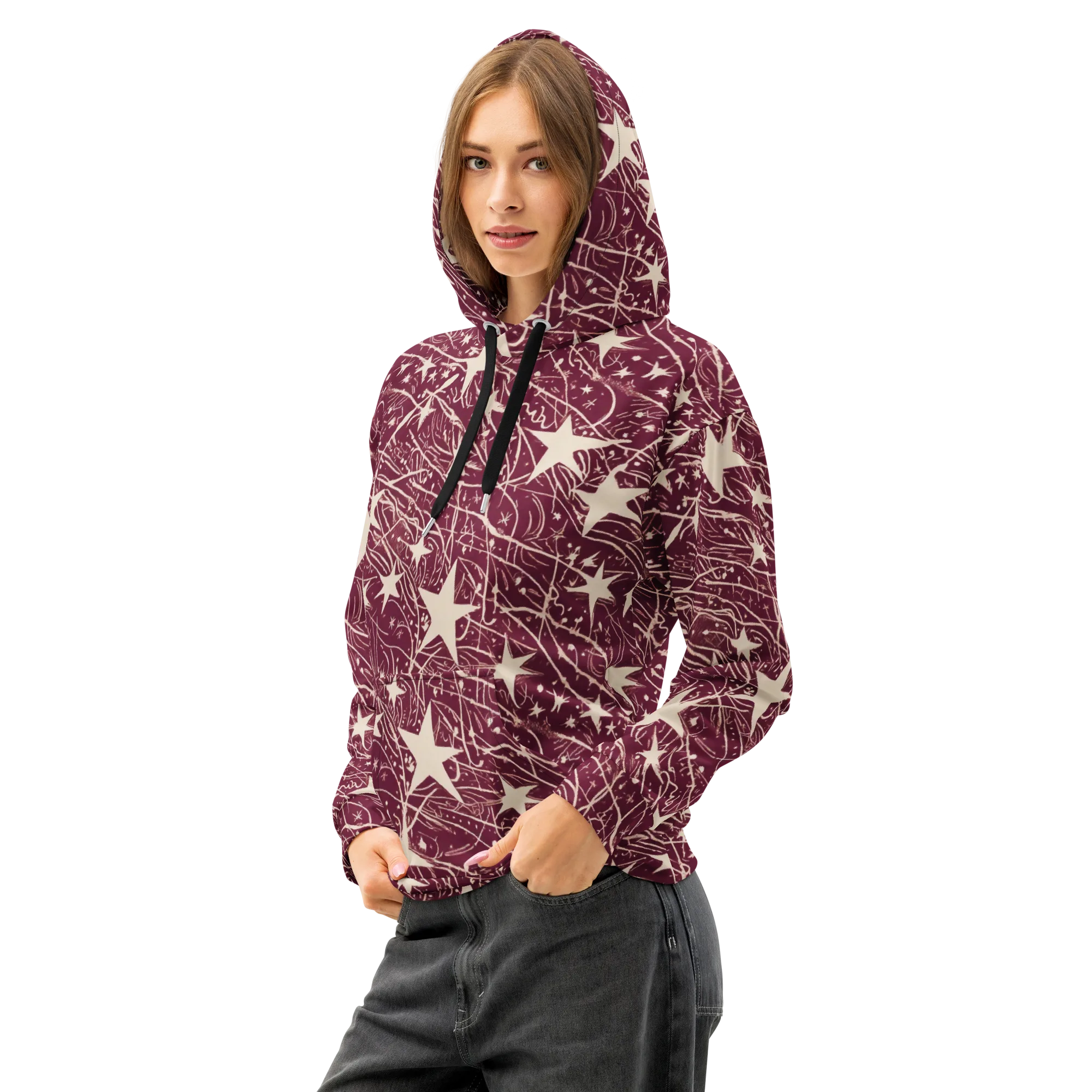 Burgundy Starfall on Cotton Hoodie — Left Front