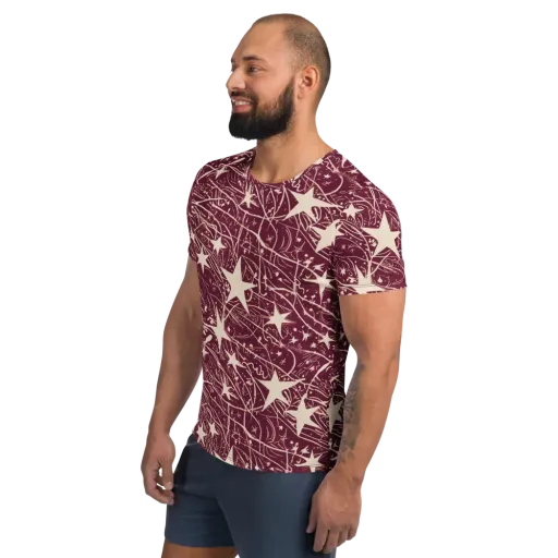 Burgundy Starfall on a Men's Athletic T-Shirt