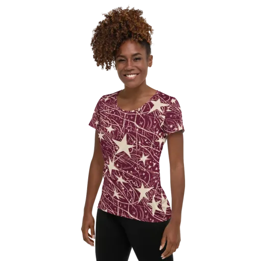 Burgundy Starfall on a Women's Athletic T-Shirt