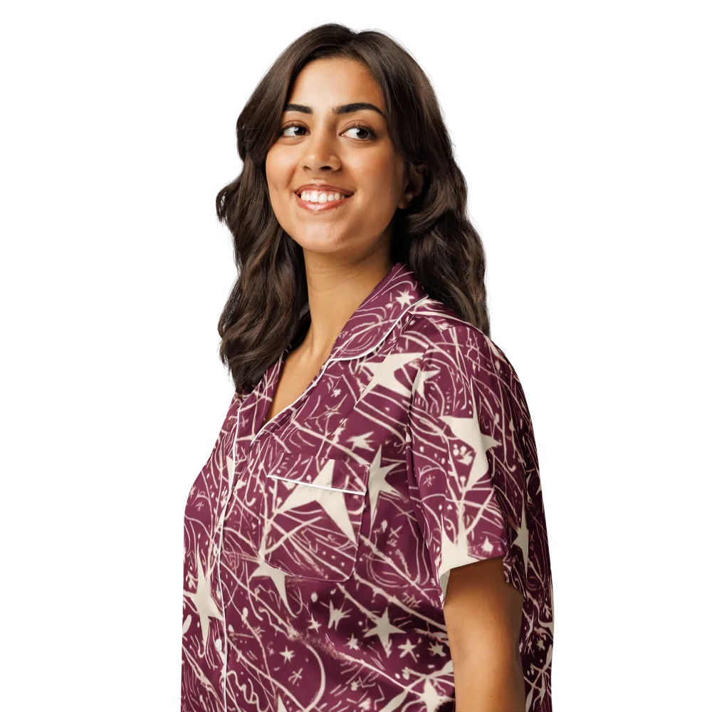 Burgundy Starfall on Women's Short Sleeve Pajama Top — Left Front