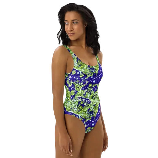 Galactic Greenery on a One-Piece Swimsuit