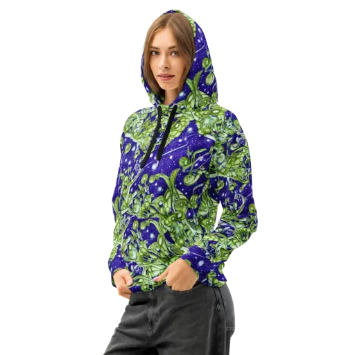 Galactic Greenery on a Cotton Hoodie