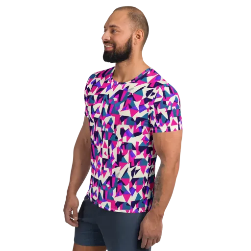 Ultraviolet Confetti on a Men's Athletic T-Shirt