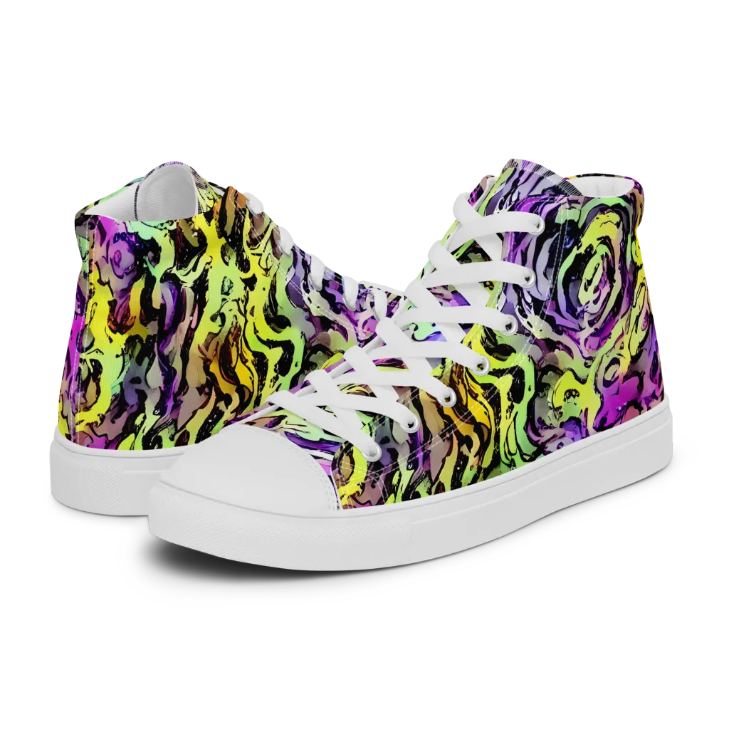 Neon Inkblot on Men's High Top Canvas Shoes — Left