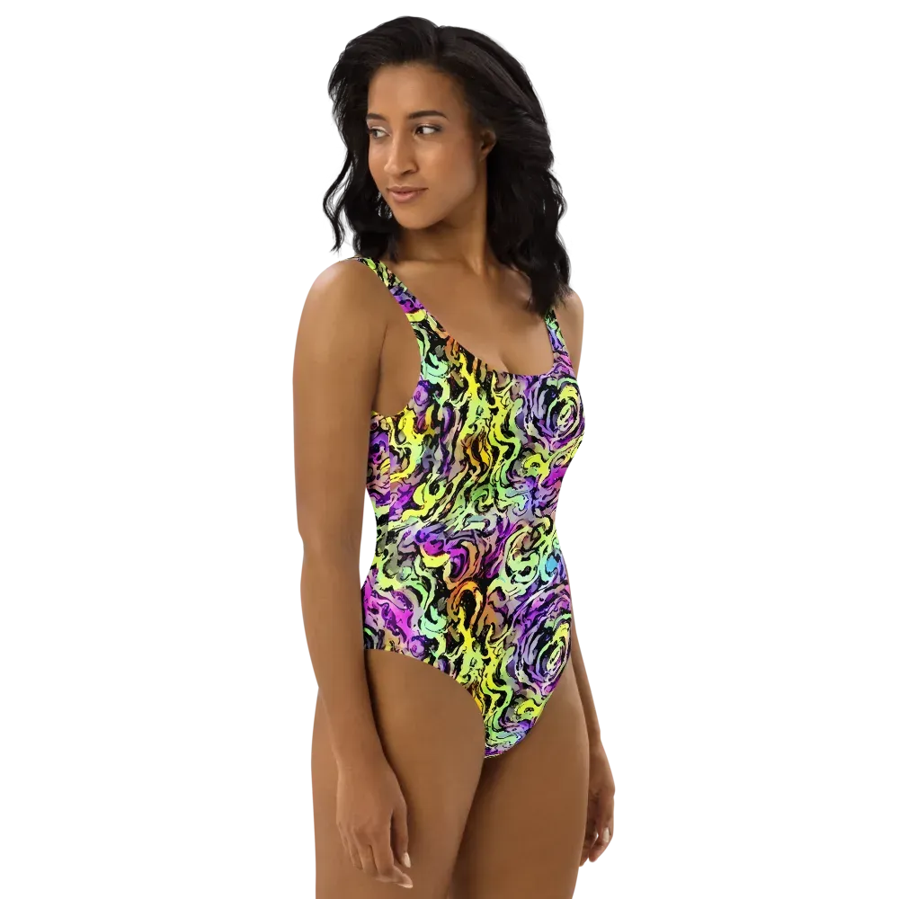 Neon Inkblot on One-Piece Swimsuit — Right