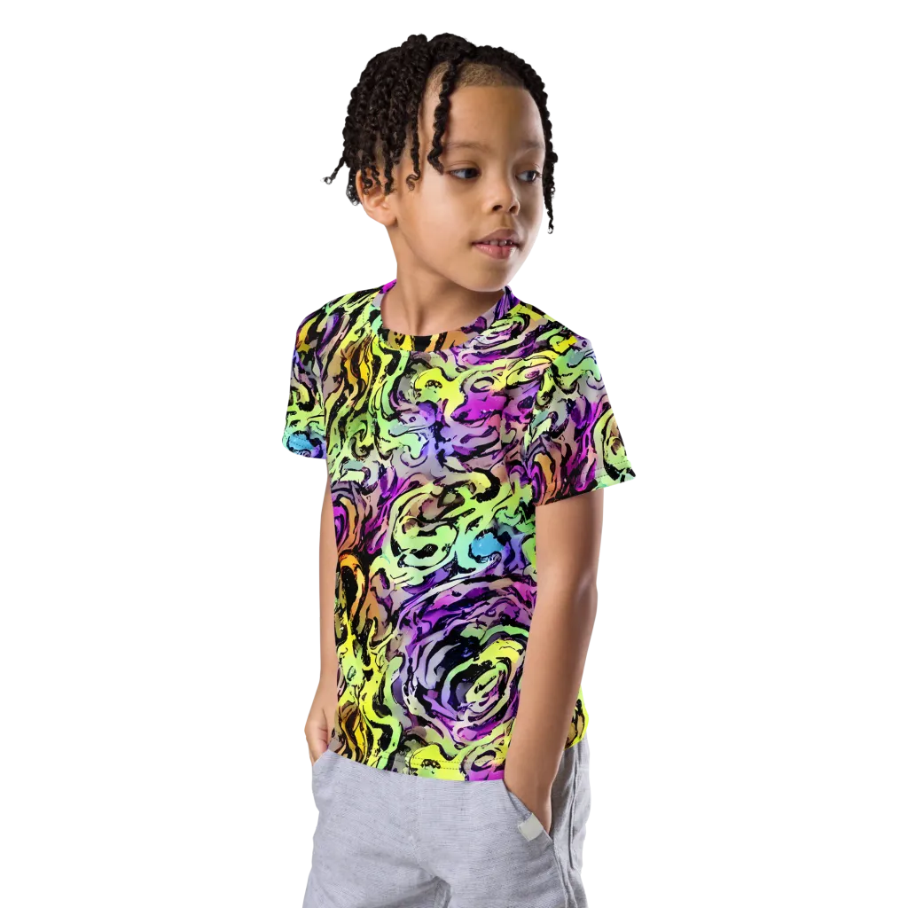 Neon Inkblot on Kids Crew Neck T-Shirt — Left Front