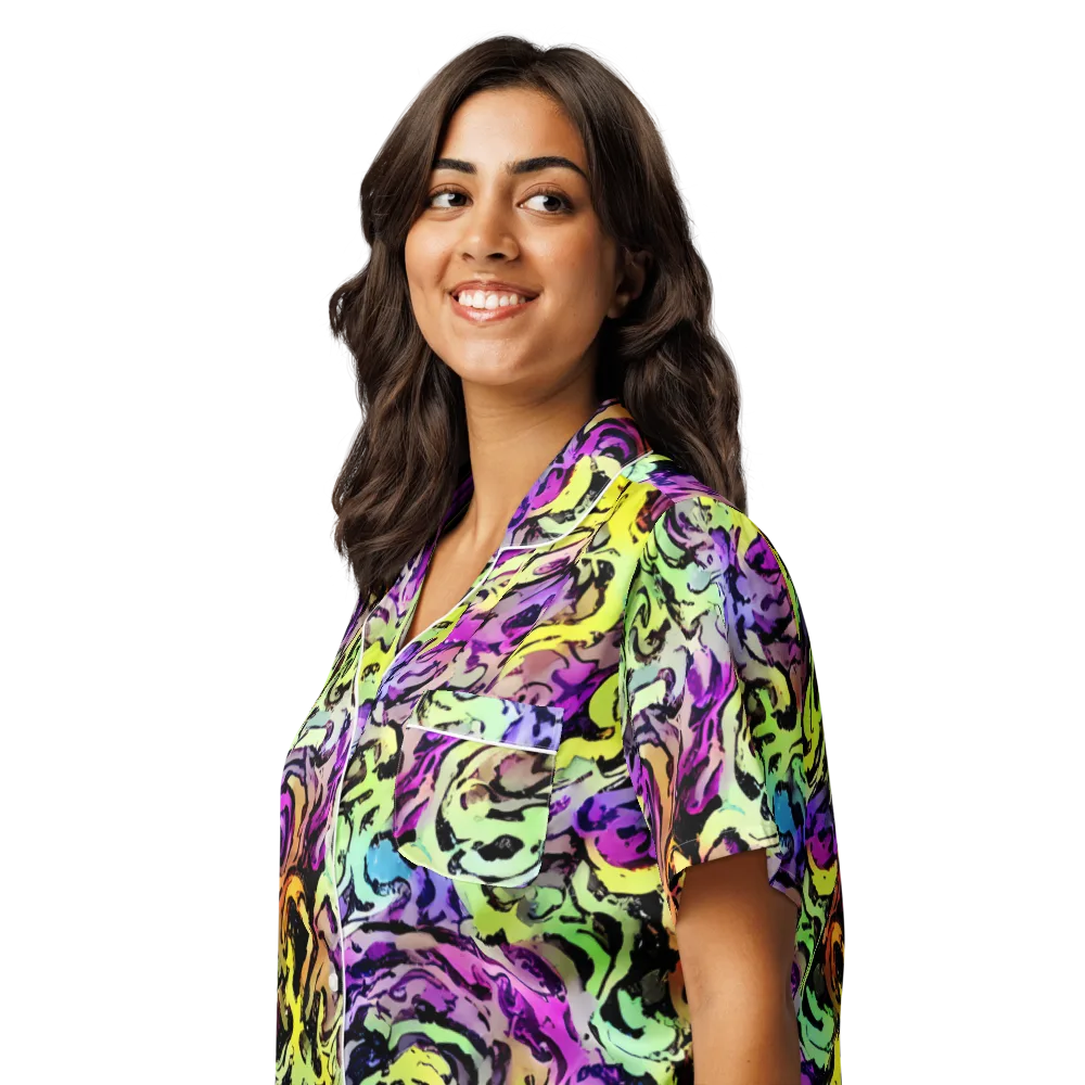 Neon Inkblot on Women's Short Sleeve Pajama Top — Left Front