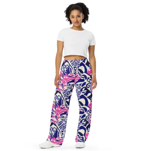 Neon Garden Rhapsody on a Wide-Leg Pants