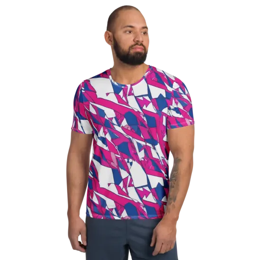 Blue Noise Bloom on a Men's Athletic T-Shirt