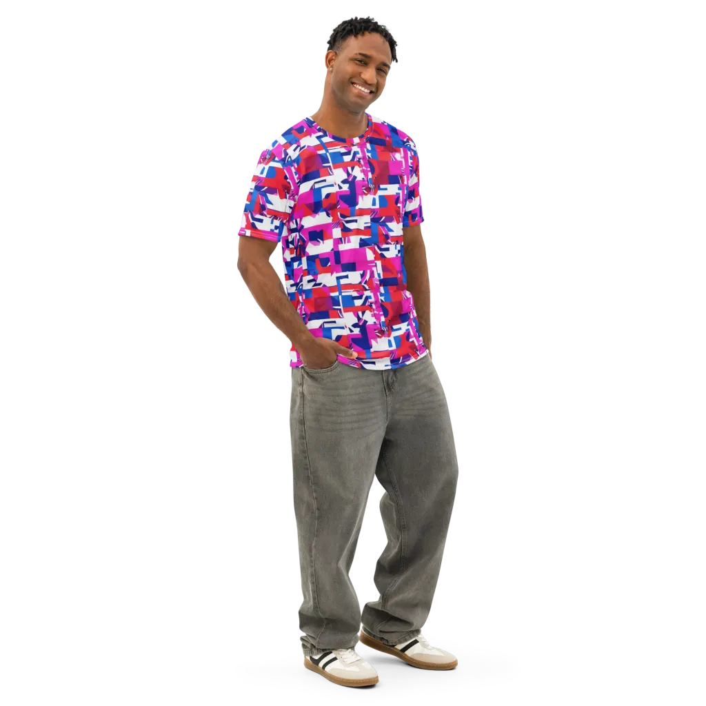 Hot Pink Geometry on Men's Cotton Crew Neck T-Shirt — Right Front