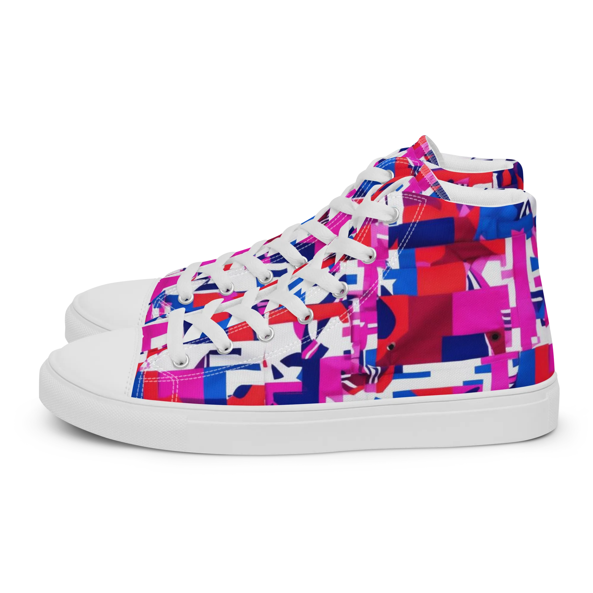 Hot Pink Geometry on Women's High Top Canvas Shoes — Left