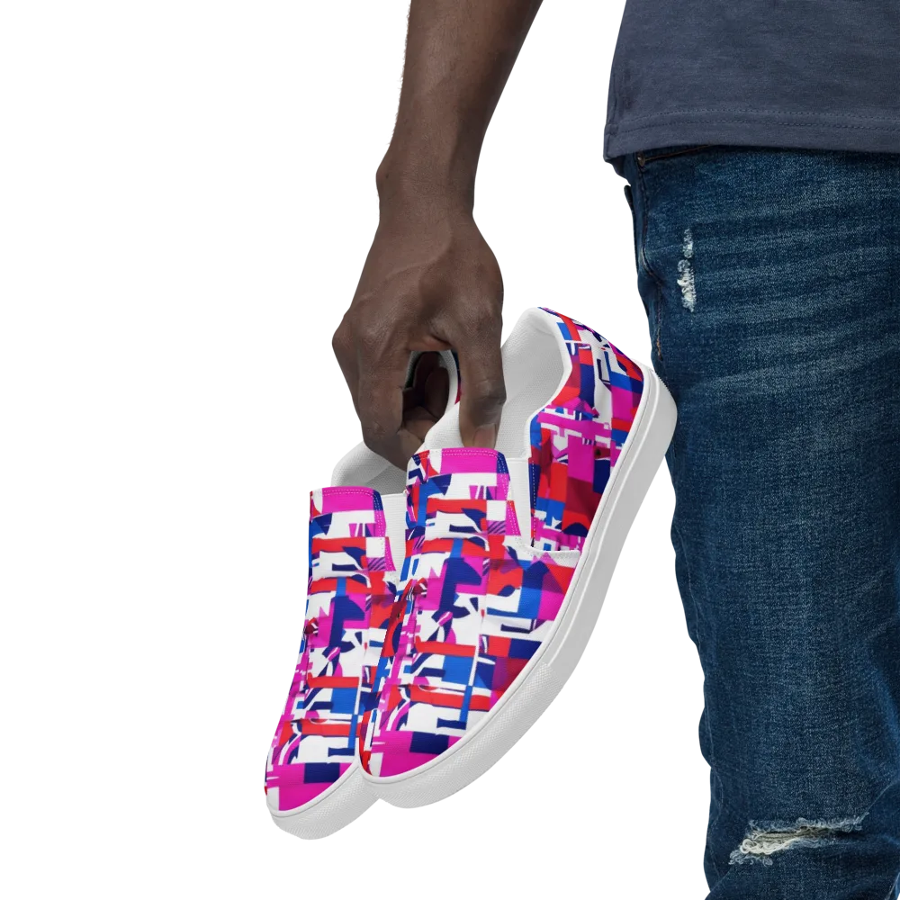 Hot Pink Geometry on Men's Slip-On Canvas Shoes — Left Front