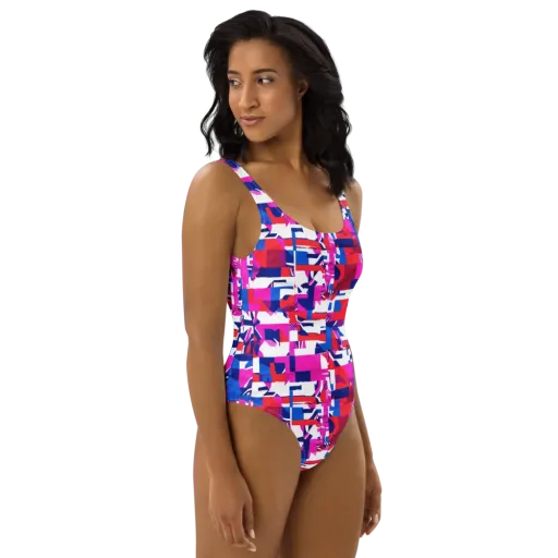 Hot Pink Geometry on a One-Piece Swimsuit