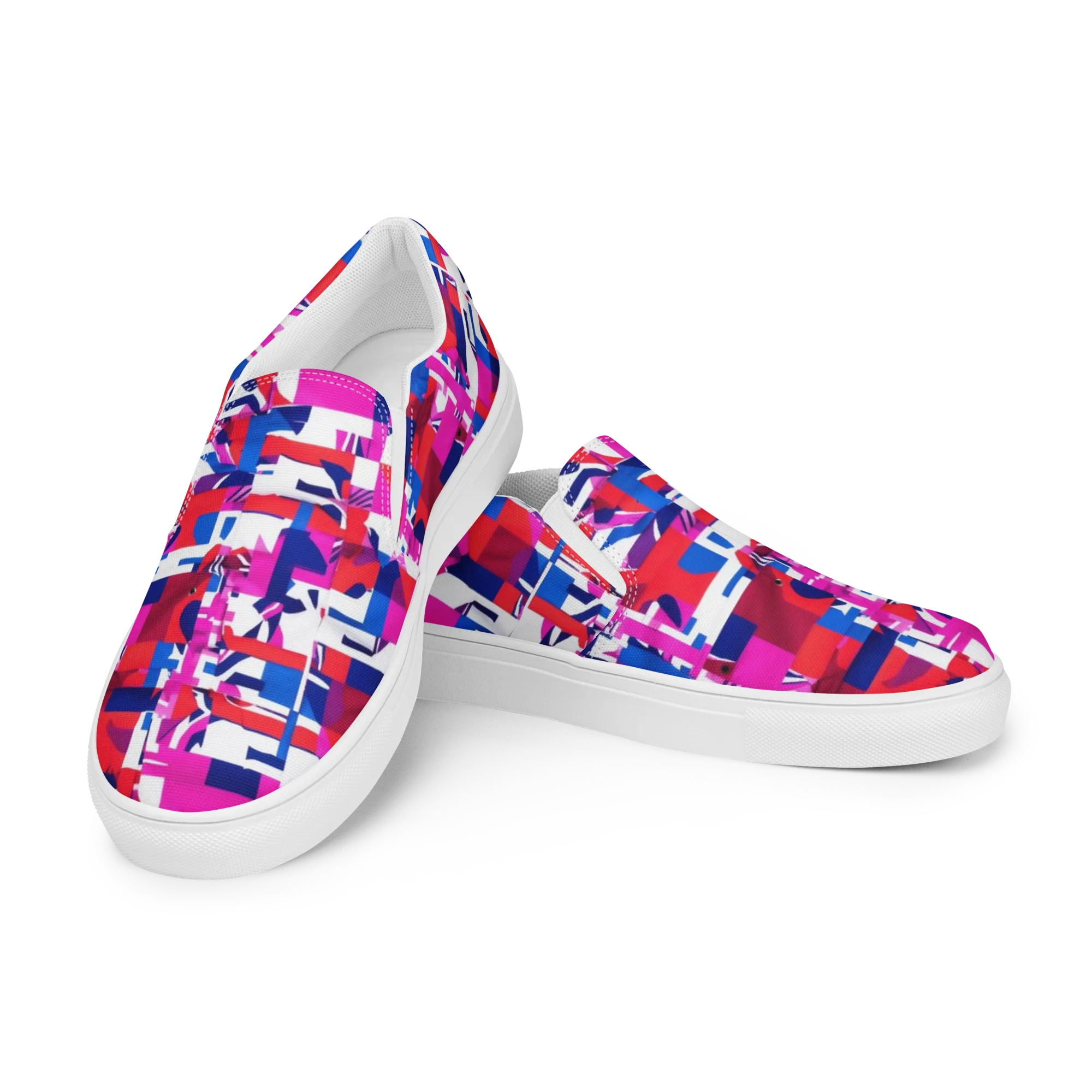Hot Pink Geometry on Women's Slip-On Canvas Shoes — Left Front