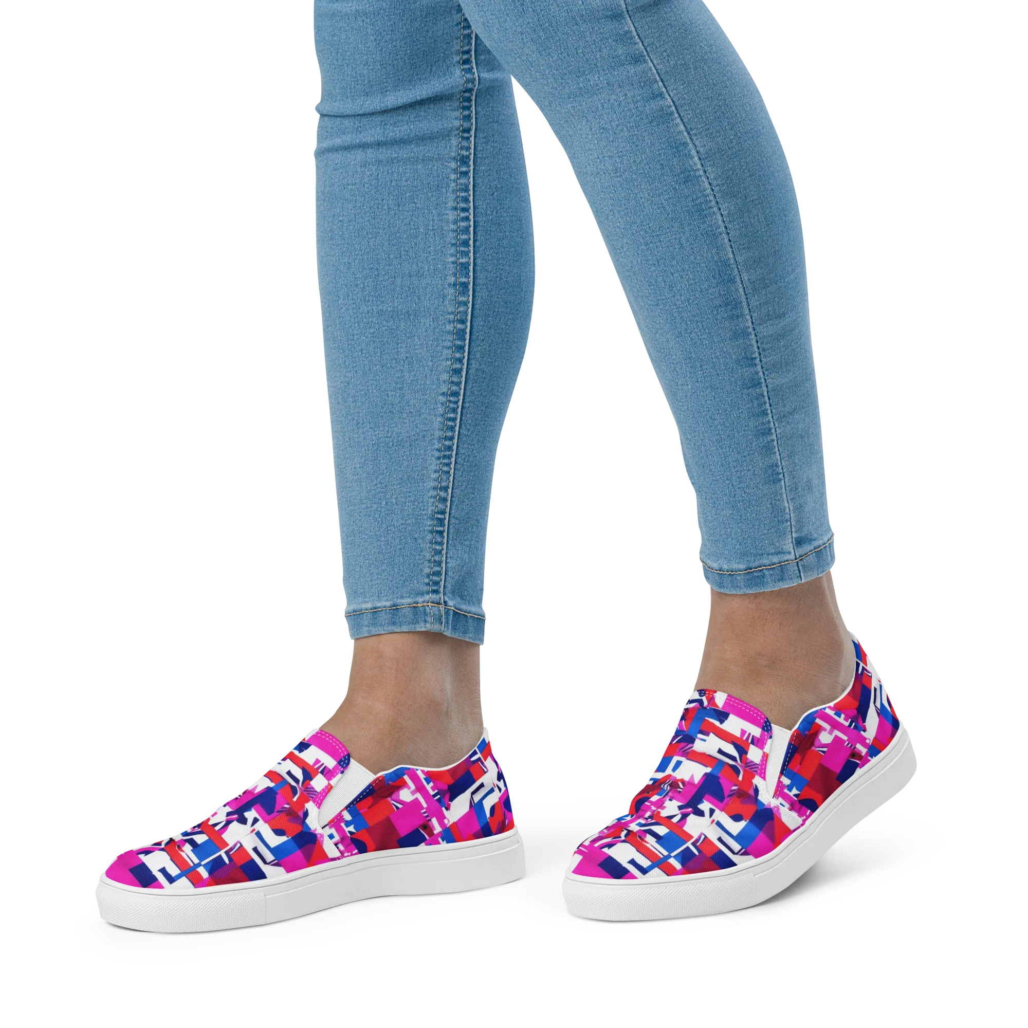 Hot Pink Geometry on Women's Slip-On Canvas Shoes — Front