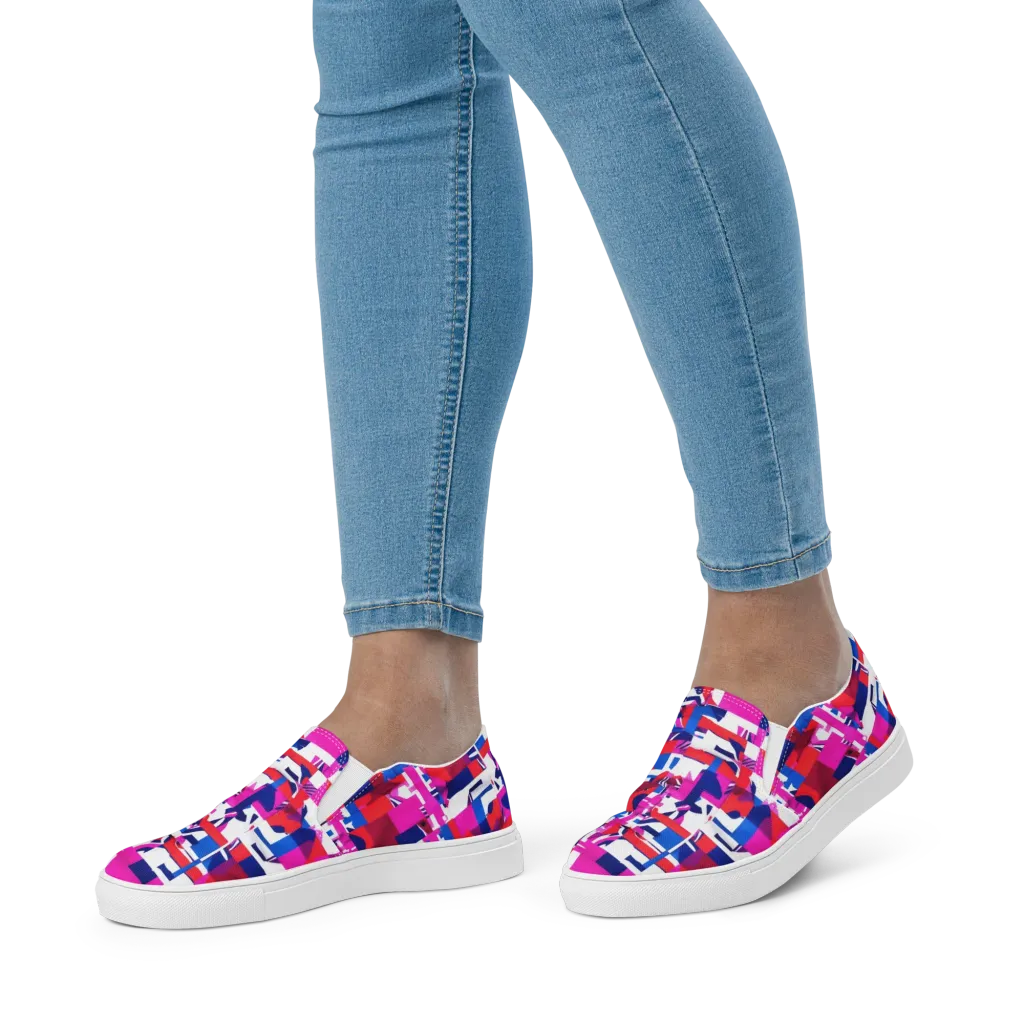 Hot Pink Geometry on Women's Slip-On Canvas Shoes — Front