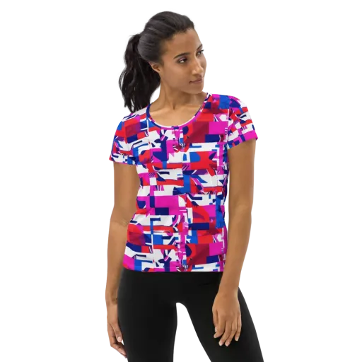 Hot Pink Geometry on a Women's Athletic T-Shirt